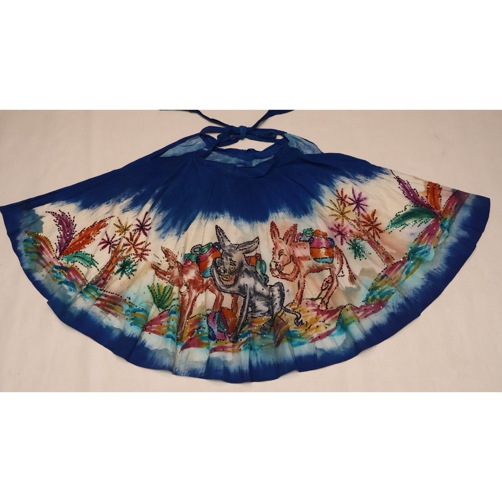 Vintage 1950s Hand Painted Donkey Sequin Poncho Cape Mexican Tourist Art Blue